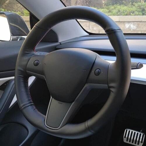 Top Interior PU Black Leather Steering Wheel Hand-stitch on Wrap Cover For Tesla Model 3 2017-2019