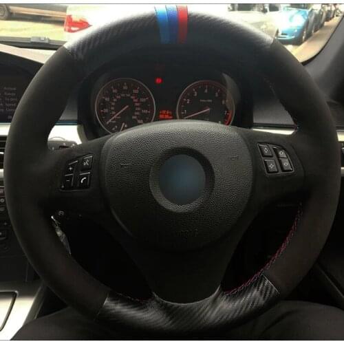 Car Steering Wheel Cover Hand Stitched Carbon Fiber Leather Black Suede For BMW E90 320i 325i 330i 335i E87 120i 130i 120d