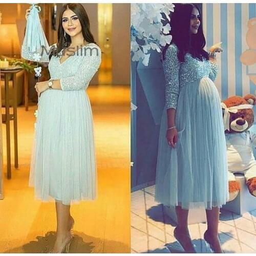 Elegant Maternity Top Sequin Prom Dresses Sexy V Neck Tea Length Tulle Short Evening Dress 2021 Plus Size Formal Party Gowns