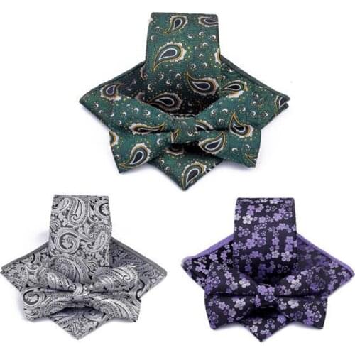 New Designer 6cm Slim Pocket Square Bowtie Necktie Set Yellow Bule Colorful Paisley Floral Polyester Skinny 3pcs Tie Set For Men