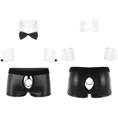 Mens Adult Erotic Lingerie Set Faux Leather Uniform Costume Bowknot Collar Cuffs with Cut Out Low Rise Boxer Briefs Underwear