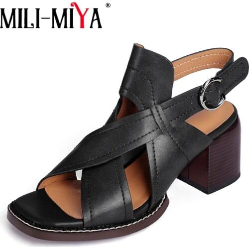 MILI-MIYA Summer New Neutral Sandals 2021 Fashion Block High Heel Cow Genuine Leather Women Solid Color Fish Mouth Casual Shoes