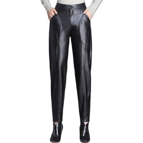 Fashion Womens Leather Pants New Autumn Winter Pu Leather Pants Were Thin Large Size High Waist Tapered Trousers Plus Velvet