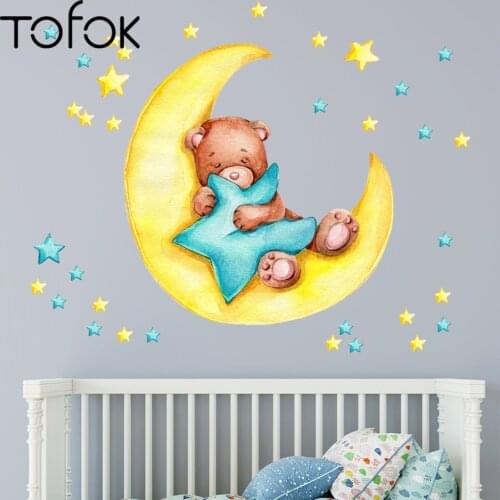 Tofok Sweet Sleeping Bear Wall Stickers Clouds Stars Wall Decals Baby Nursery Room Decoration Living Room Bedroom Stickers