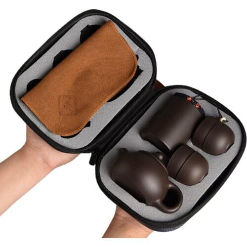 Natural Ceramics Kung Fu Tea Set 1 Teapot with 4 Tea Cups and Tea Mat Tea Bucket with Portable Protective Bag for Indoor