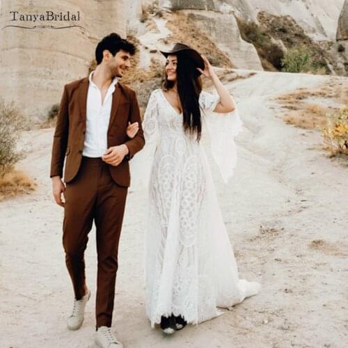 Unusual Lace wedding dress Flare sleeve Champagne lining elopement dress Romantic Bohemian Bridal Gowns DW484