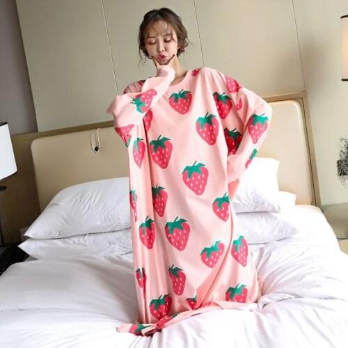 New Summer Fruits Print Night Dress Women Nightgown Oversize Sleepshirts Long-sleeves Nightie Long Nightdress Cotton Sleepwear