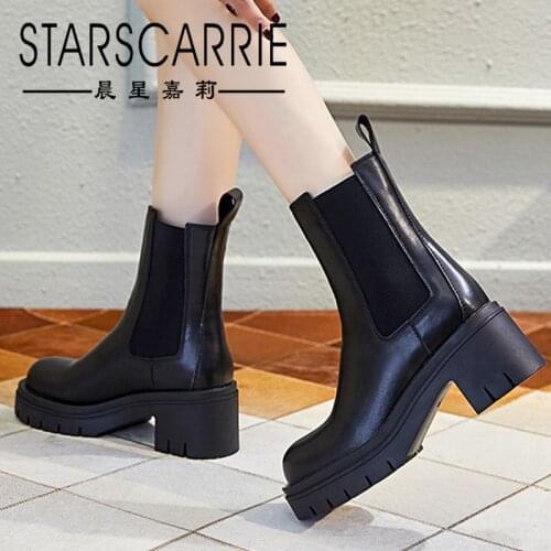 2021 new Chelsea short boots womens thick-soled increased riding boots leather British thick high-heeled slim mid-tube boots