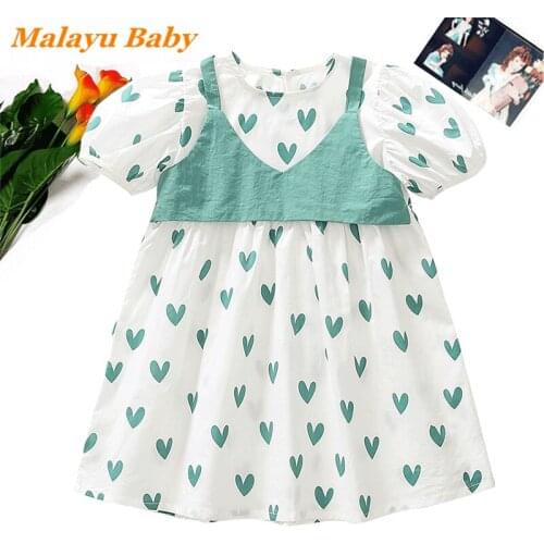 Kids Clothing Girls Dress 2Pcs/Set 2021 Summer New Sweet Heart Print Princess Dress Camisole 2-7 Years Casual Children Clothing