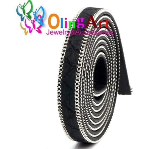OlingArt 10*3mm 1M PU Leather Cord black color Silver chain Accessory women earrings Bracelet choker necklace DIY jewelry making