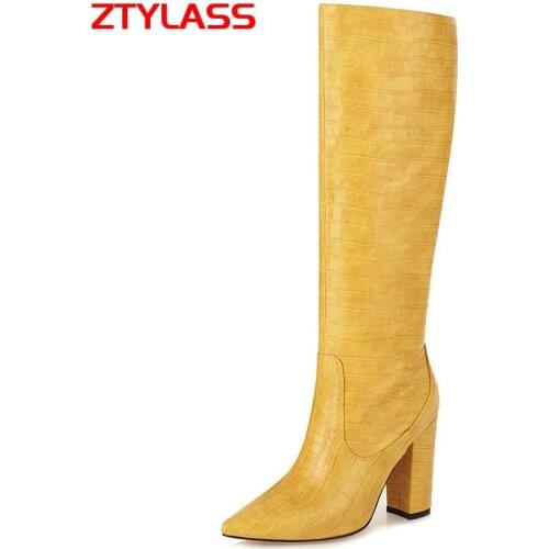 Autumn Fashion Knee High Boots Women Print Pu Leather Long Boots Ladies Square High Heel Pointed Toe Winter Boots Yellow