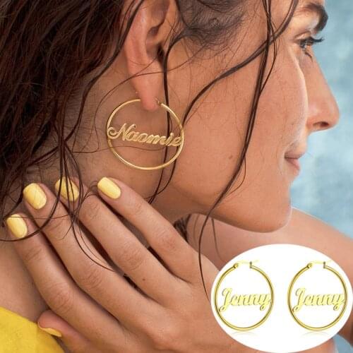 Stainless Steel Hoop Earrings Customized Name Personalized Earrings Punk Style Custom Circle Earring With Statement Words Number