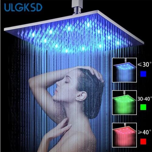 ULGKSD 16 Inch Bathroom Shower Faucet Chrome/ Nickel/ORB Solid Brass LED Head Square Shower Spray Rainfall Shower Head