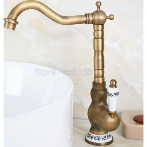 Single Hole Deck Mounted Vessel Sink Mixer Tapsv Antique Brass Swivel Spout Bathroom Faucet Washbasin Mixer Sink Faucets Wnf610