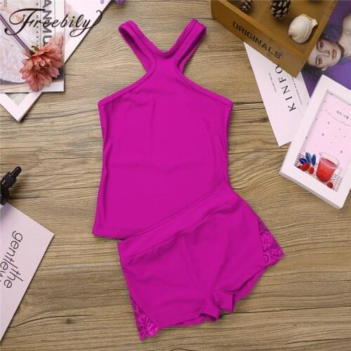 Lace Side Kids Ballet Dance Costume Teens Girls gymnastic exercise Shorts Tank Top Set Kids Ballet Class fitness Clothing
