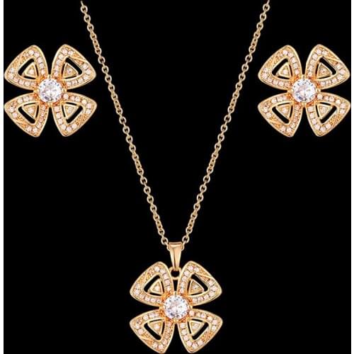 Zlxgirl jewelry Classic four flower shape wedding necklace with earring jewelry sets mirco paved zircon copper pendant ears sets