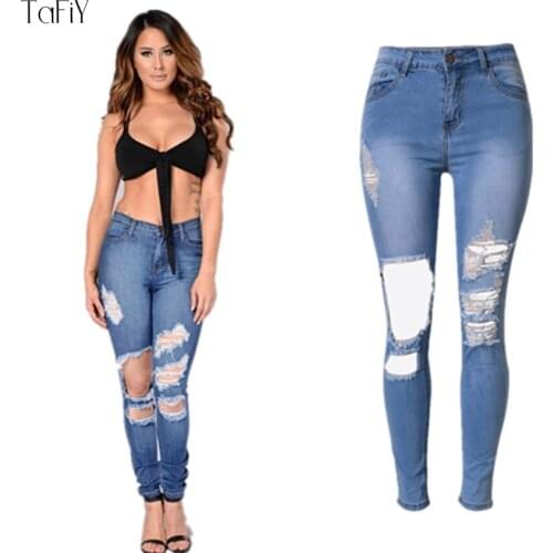 TaFiY 2017 Jeans Women Pencil Pants Hight Waist Ripped Holes Denim Jeans For Women Skinny Summer Casual Long Length Jeans Femme