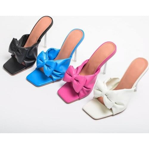 Women heels 2021 Summer Fashion Bow square toe heels Slippers Women Plus Size Closed Toe sexy Stilettos Sandals
