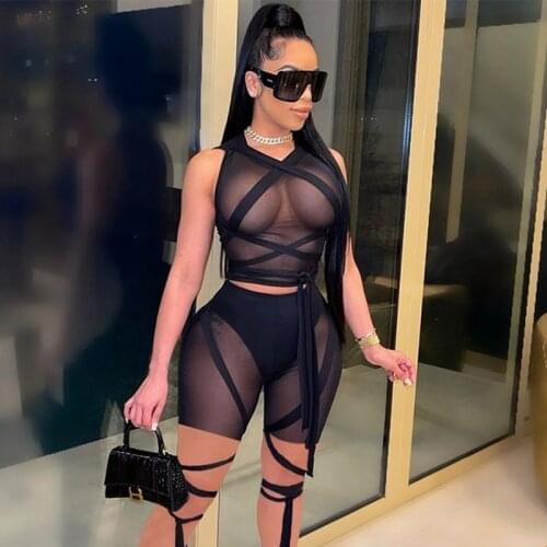 Sheer Mesh Sexy Club Outfits for Women Summer Clothes Sleeveless Crop Top Shorts Set See-through Bandage Bodycon Matching Sets