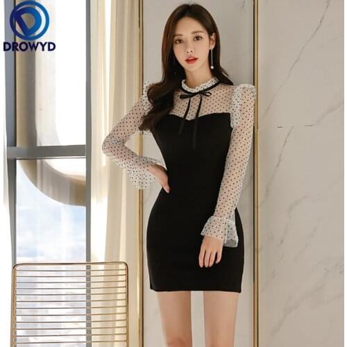 2021 Summer New Korean Style Women Stand Collar Long Sleeve Mini Casual Dress Fashion Patchwork Mesh Bow Lace-Up Dress Female