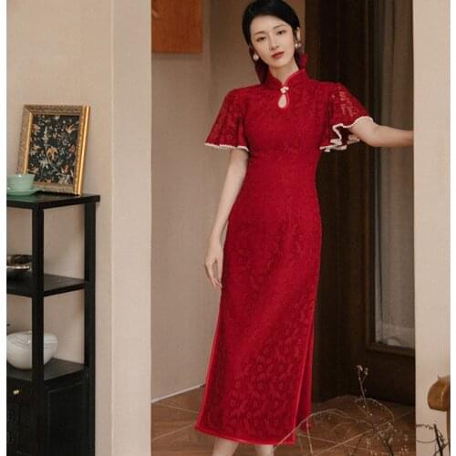 Robe Femme Temperament Slim Red Retro Thin Cheongsam Improved Dress 2021 Summer Lotus Leaf Sleeve Beaded Lace Sexy Split Dress