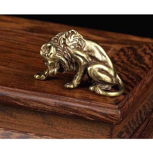 Antique Bronze Lion King Figurines Ornament Pure Copper Tea Pet Vintage Animal Sculpture Miniature Desk Decorations Accessories