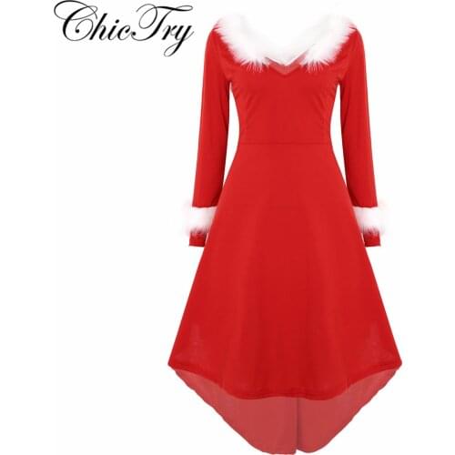 Women Female Christmas Long Sleeve Dress Bodycon Holiday Family Party Dress Faux Fur Collar Xmas Party Mrs Santa Claus Dress