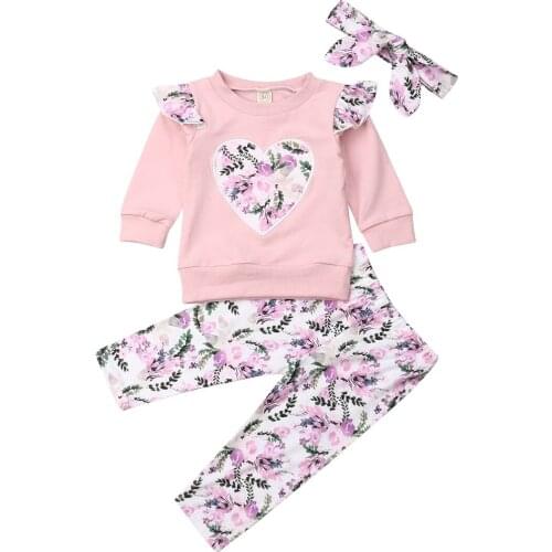 3Pcs Kid Baby Girls Clothes Sets Pink Ruffles Long Sleeve Tops Flower Pants Leggings Outfit Set