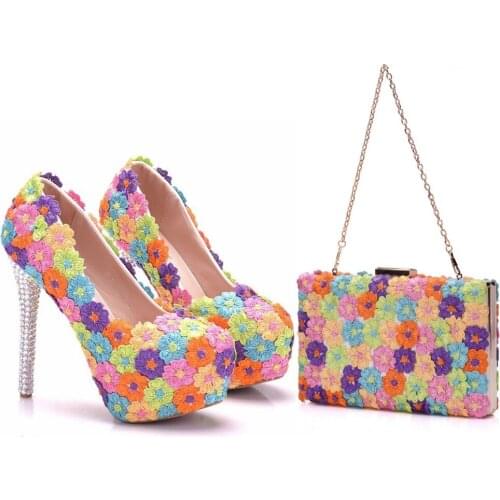 Crystal Queen Multicolor Flower Shining Crystal Womens Wedding Shoes Matching bags Clutches 14CM High Heels Female Pumps Party