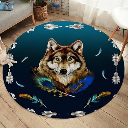 Fashion Royal Wolf Blue by Ismot Esha Round Carpets Colorful Feathers Bedroom Area Rug Wild Animal Floor Mat Tribal Round Carpet
