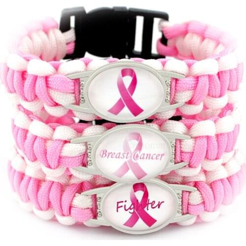 Fighter Breast Cancer Awareness Ribbon Survival Paracord Charm Bracelets 25*18mm Glass Cabochon Yellow Pink Men Women Jewelry