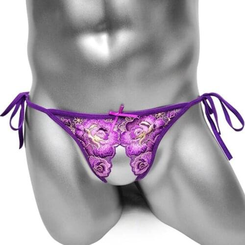 Gay Mens Sexy Lingerie Mesh Lace Embroidery Sissy Thong Panties Men Sexy See Through G-String Lingerie Underwear Male Underpants