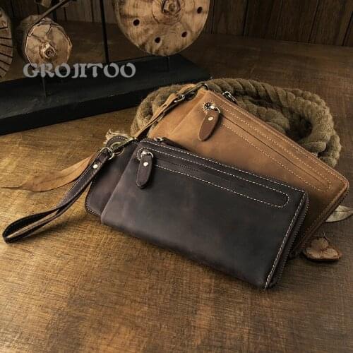 GROJITOO Handmade Crazy Horse leather long wallet multi-card Mens handbag genuine leather large capacity zipper phone bag