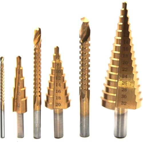 6Pcs HSS Steel Titanium Step Drill Bit Set 4-12/20/32mm Metal Hole Cutter Wood Cone Core Drilling Hole Saw Tool+3,6,8 Saw Drill