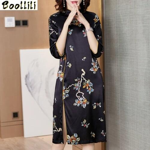 Boollili Summer Dress Women Print Floral Real Silk Dress Fashion Party Dress Women Dress Elegant Vintage Vestido Mujer