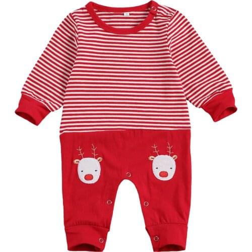 Christmas Newborn Baby Girls Boys Rompers Striped Santa Print Patchwork O-neck Long Sleeve Jumpsuits