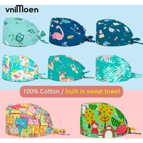 Vnimoen pet nursing staff work accessories Unisex scrubs work hats beauty salon cap pet caring hats Cute printing cotton elastic