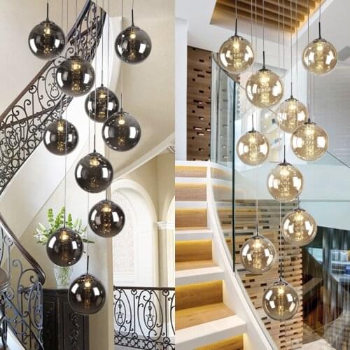 Glass ball Pendant lights for Staircase black ball lamp spiral pendant lamp G4 stair led lustre hotel stairwell lamparas