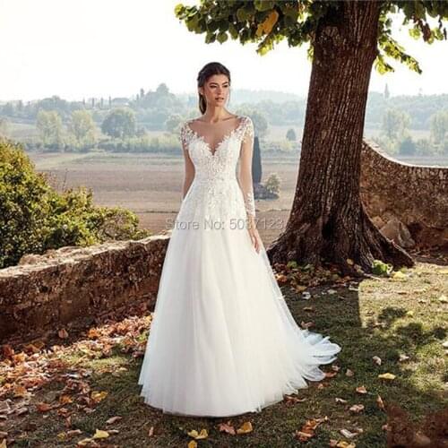 A Line Long Sleeves Wedding Dresses Vestido De Noiva Scoop Court Train Lace Appliques Button Illusion Bridal Wedding Gown