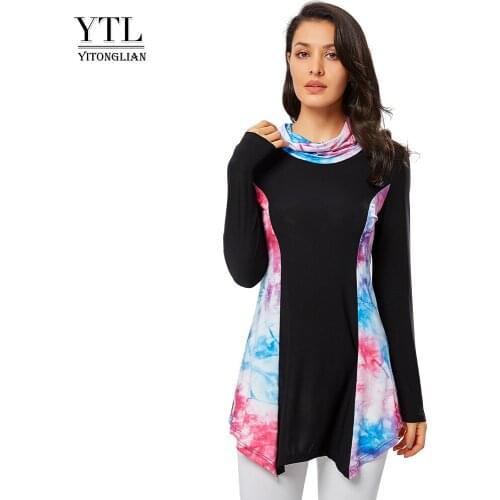 YTL Womens Tops High Neck Patchwork Long Sleeve 2020 Fashion Fall Season Winter Printed Loose T-shirts Female Top Blusa H331