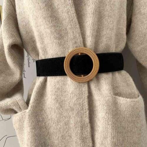 Women Suede Belt Round Wooden Buckle Wide Belt Vintage Bohemian Ladies Dress Coat Waistband