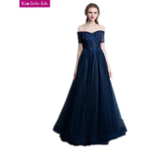 Free shipping Cheap Navy blue elegant Boat Neck long prom dresses Vestido para formatura Vestidos de fiesta 2019