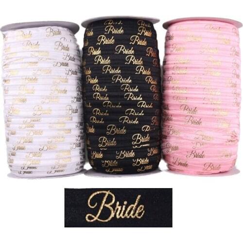 100yards/lot Gold Foil Bride FOE Ribbon Fold Over Elastic For hair ties wedding accessories welcome custom design