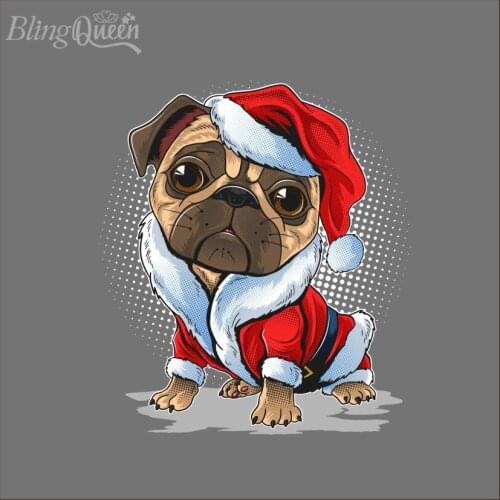 BlingQueen 12PCS/LOT Christmas Pug Dog Heat Transfer DIY Thermal Patches Heat Print on T-shirt Dresses Iron On Patches