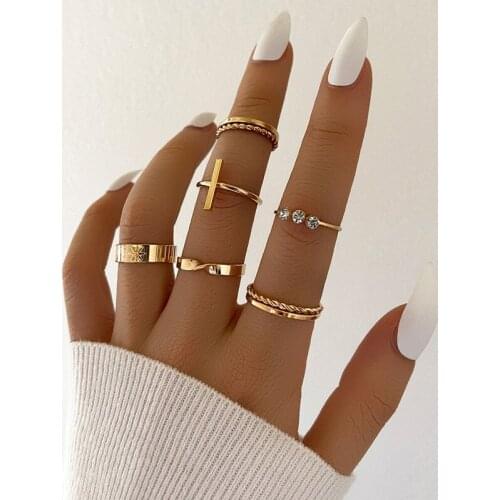 6 Pcs/Set Vintage Gold Crystal Geometric Rings for Women Fashion Simple Finger Rings Set Party Jewelry Accessories
