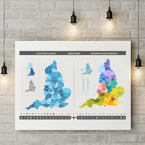 England Counties Map Canvas Poster Prints Ceremonial and Metropolitan Counties Maps Art Painting Home Wall Art Picture Decor