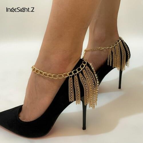 IngeSight.Z Shiny Rhinestone Crystal Link Chain Tassel Bracelet Anklet Women Gold Color Anklets On Foot Barefoot Sandals Jewelry