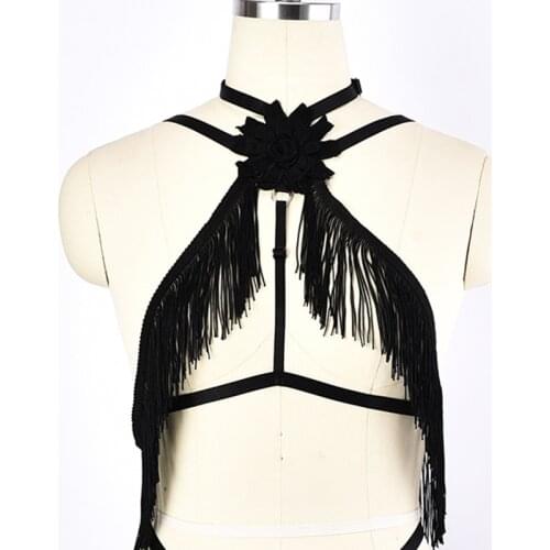 Black Tassel Harness Bra Sexy Bondage Lingerie Belt Women Flower Collar Goth Punk Body Harness Rave Open Chest Harness Cage Bra