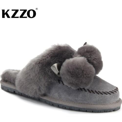 KZZO New 100% Natural Sheepskin Woman Casual Wool Slippers Winter Warm Real Sheep Fur Lined Non-slip Home Shoes Indoor Slippers