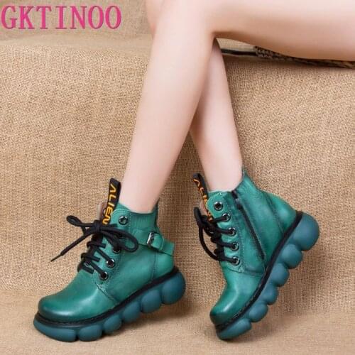 GKTINOO Shoes Women Boots Retro Genuine Leather 2021 New Autumn Winter Zip Round Toe Concise Handmade Leisure Ankle Boots